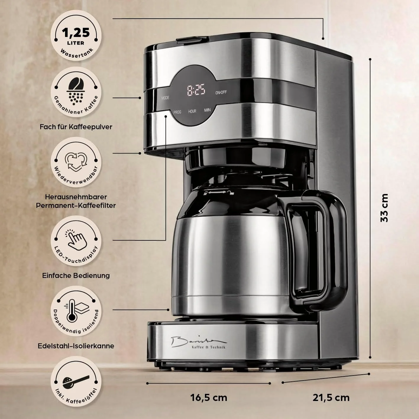 Barista filterkoffiezetapparaat met verstelbare molen & thermoskan | Warmhoudfunctie, 24-uurs timer & permanent filter | Voor 10 koppen koffie | Koffiezetapparaat voor bonen & poeder [roestvrij staal]
