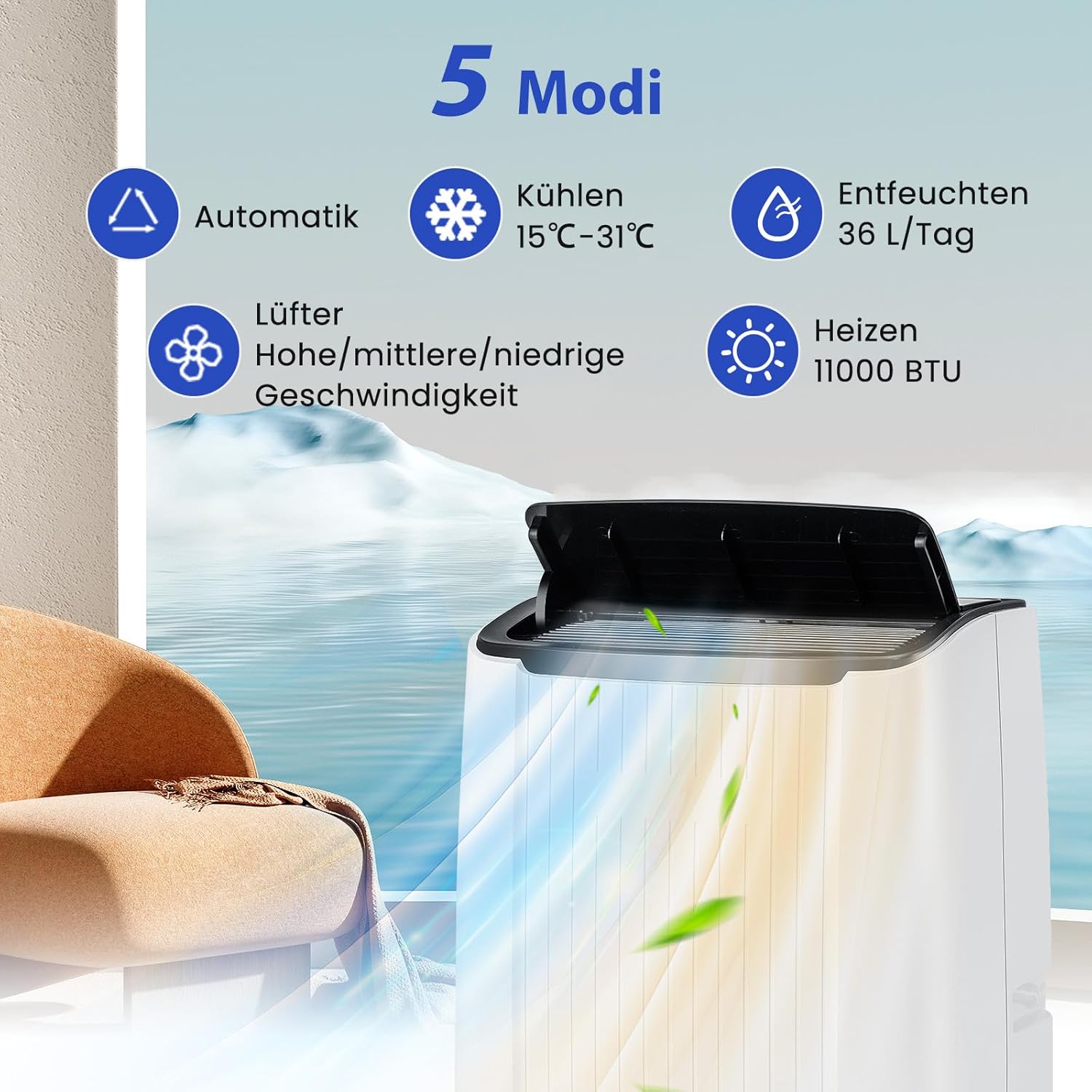 GOPLUS 14000BTU Klimaanlage mit Abluftschlauch, mobiles Klimagerät | 5 in 1: Kühlen, Heizen, Entfeuchten, Belüften, Auto | Schlafmodus | App Steuerung | 1-24H Timer | für Räume bis zu 65㎡
