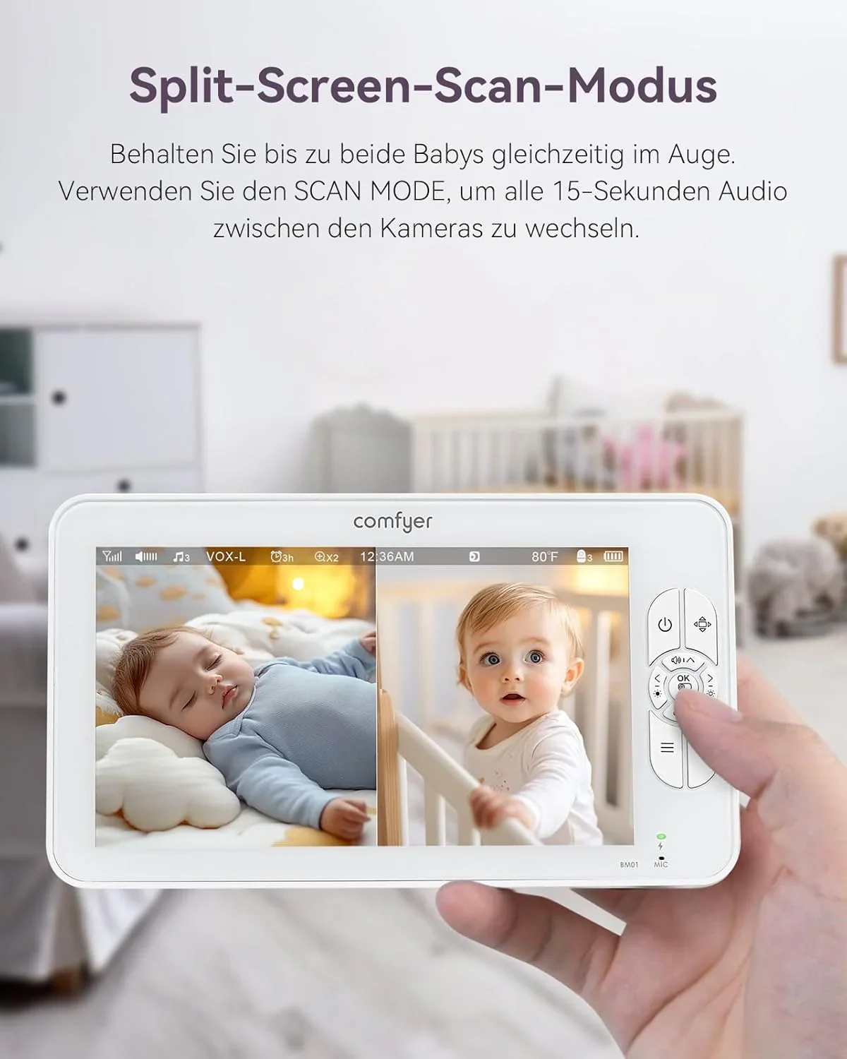 Comfyer Split-Screen Babyphone mit 2 Kameras, 7 HD 720P Video Babyphone ohne WLAN mit Halterung, IR-Nachtsicht Weitwinkelobjektiv Vox-Modus 2-Wege-Audio 960 Fu? Reichweite Video��berwachungsger?te