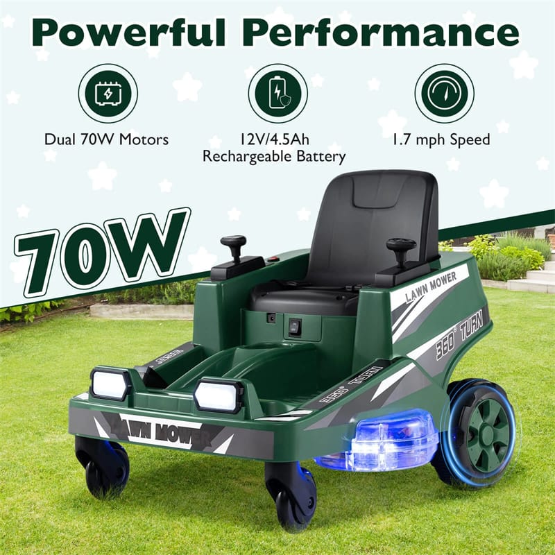 Eletriclife 12V Kids Ride-On Lawn Mower with 360�� Twist & Turn, Dual Control Sticks, LED Lights for Toddlers Aged 3-8