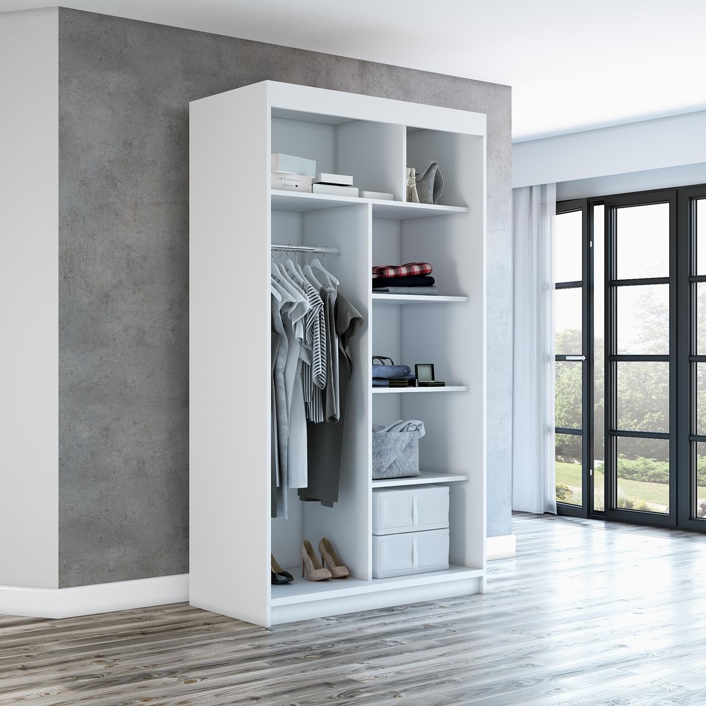 A&J MöbelLand Schwebetürenschrank GAPI Kleiderschrank 2-türig mit Spiegel, Garderobe 120 cm (Weiß/weiß/weiß)
