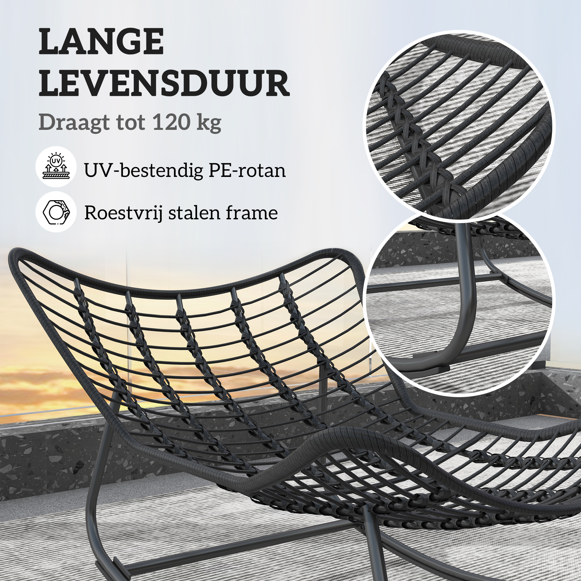 Rattan Schommelstoel Tuinbank met Stalen Frame en Kussen Schommelbank 98 x 111 x 74 cm Grijs