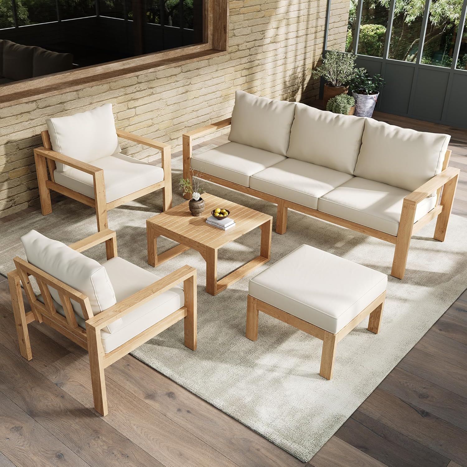 Mrwoo Gartenmöbel-Set für 4-6 Personen,Robuster Akazienrahmen,Komplett mit Dreisitzer 2 Einzelstühlen Fußhocker und Couchtisch,Natur Creme,Zeitlos Elegant,Ideal für Garten und Terrasse