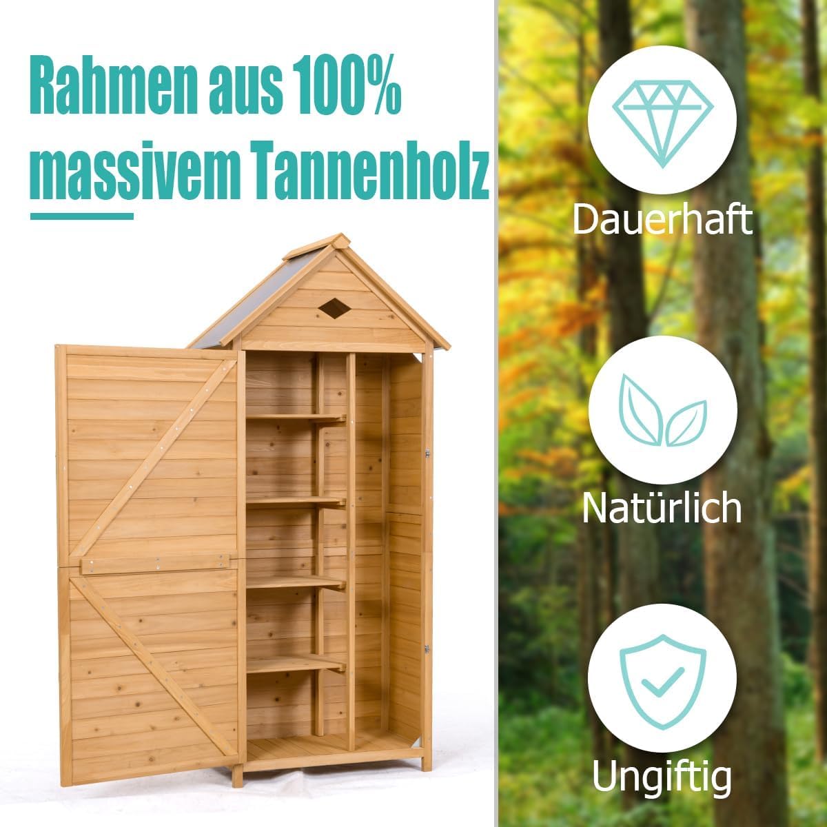 RELAX4LIFE Gerätehaus Garten, Gartenhaus aus Holz, Gartenschrank mit Satteldach, Geräteschrank wetterfest, Geräteschuppen mit Ablagen, Werkzeugschrank für den außenbereich, 177 x 80 x 45 cm