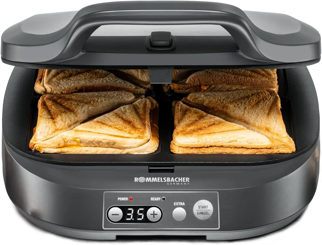 ROMMELSBACHER Smörgåsgrill ST 1800, 4 XL-smörgåsar, non-stick-beläggning, 15 minuters timer, automatisk avstängning, svalt hölje, 1800 watt, skiffergrå