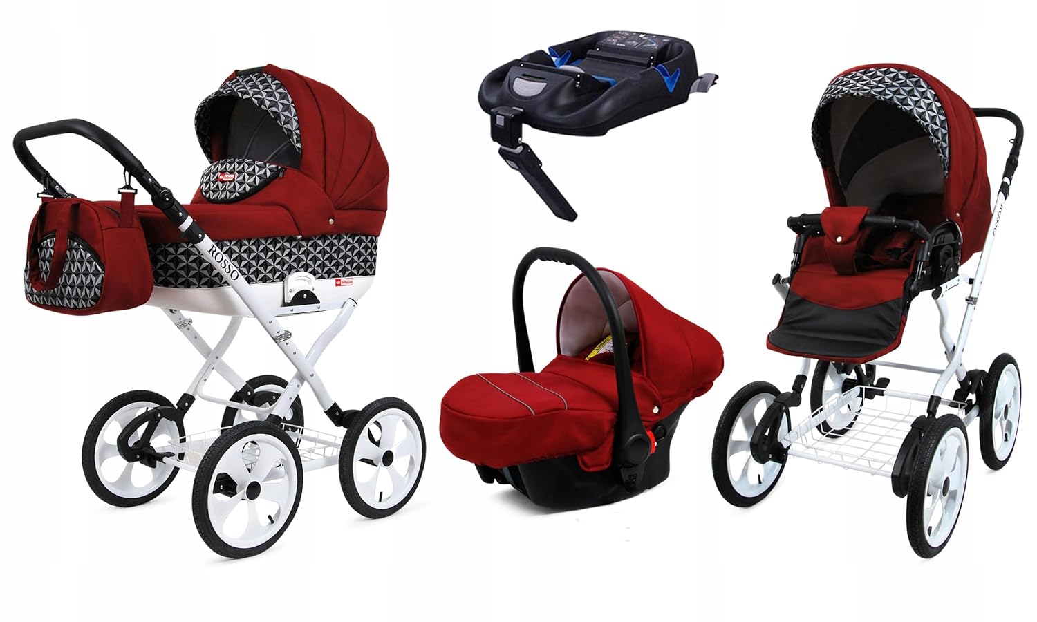 BabyLux® Bambimo Kinderwagen Set 2 in 1 - Rosso - incl. Babywanne, Buggy Sportsitz - Kinderwagenset - Kombikinderwagen mit Wickeltasche, Regenschutz, Moskitonetz, Cupholder usw.