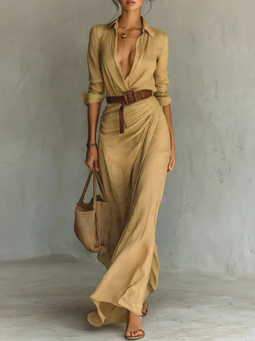 Luftiges Maxi-Kleid f��r Damen mit klassischem Kragen und Tailleng��rtel | Leichtes Sommerkleid mit Knopfleiste und Faltenwurf