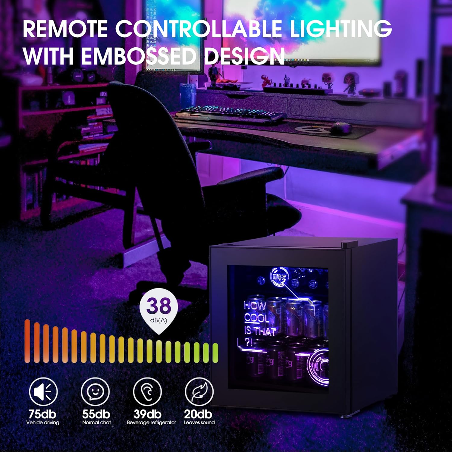 HCK 48L Mini Kühlschrank mit Glastür Leise 39dB, Cyberpunk Getränkekühlschrank mit Fernsteuerbaren RGB LED Lichtern, Flaschenkühlschrank, Mini Fridge 0-15°C für Gaming Deko, Minibar, Schwarz