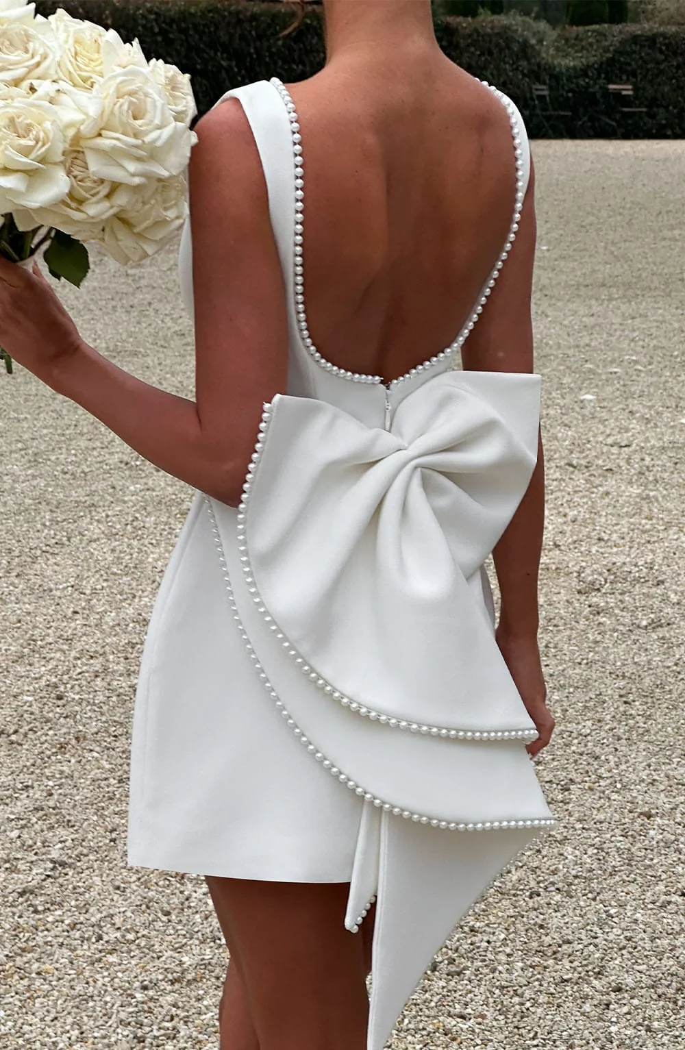 Damen Cocktailkleid Mini | Festliches A-Linien Kleid mit gro?er Schleife und Perlenbesatz | ?rmelloses kurzes Partykleid