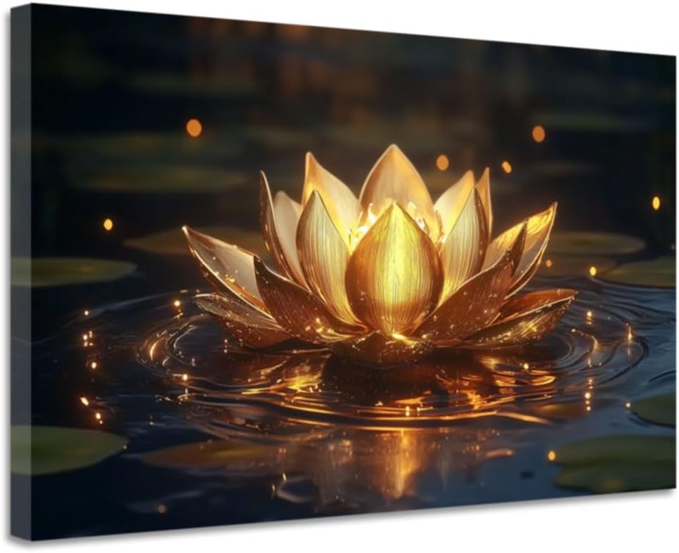 Elegant Golden Lotus Zen Wall Art Canvas - 20x30, Framed for Living Room or Bedroom