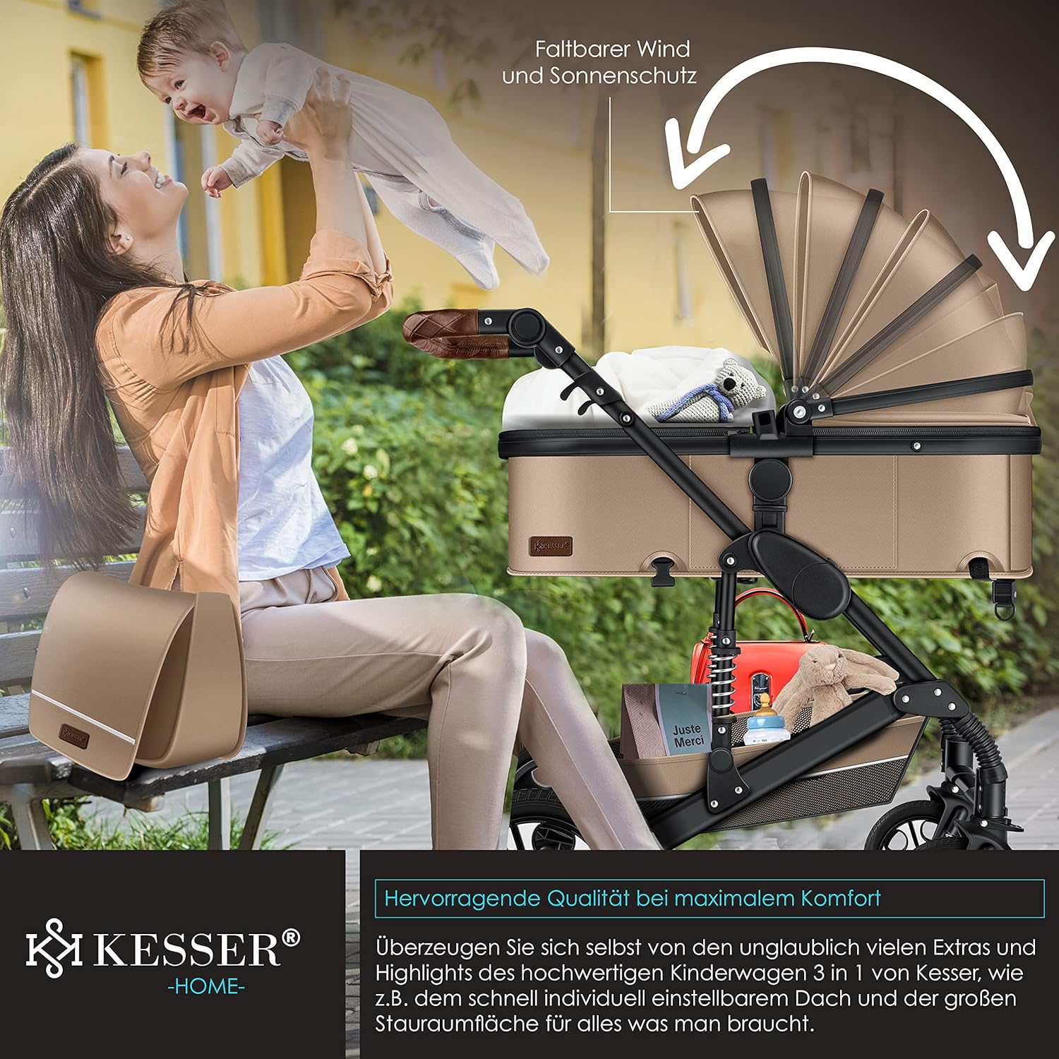 KESSER® Loops 3 in 1 Kinderwagen Kombikinderwagen Komplett-Set inkl. Babywanne & Buggy Sportsitz & Auto-Babyschale Voll-Gummireifen Wickeltasche Regenschutz Kindertisch ECE R129, Schwarz/Champagne