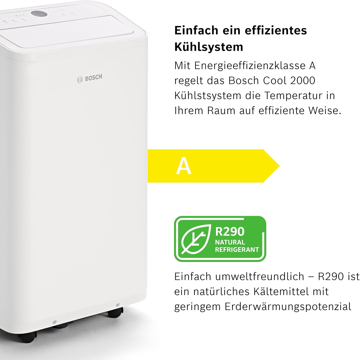 Bosch Cool 4000 Mobiles Klimagerät - 3-in-1: Klimagerät, Luftentfeuchter, Ventilator - 2,6 kW für Räume bis zu 35m² - Mit Auto-Modus, Silent-Modus & Sleep-Modus