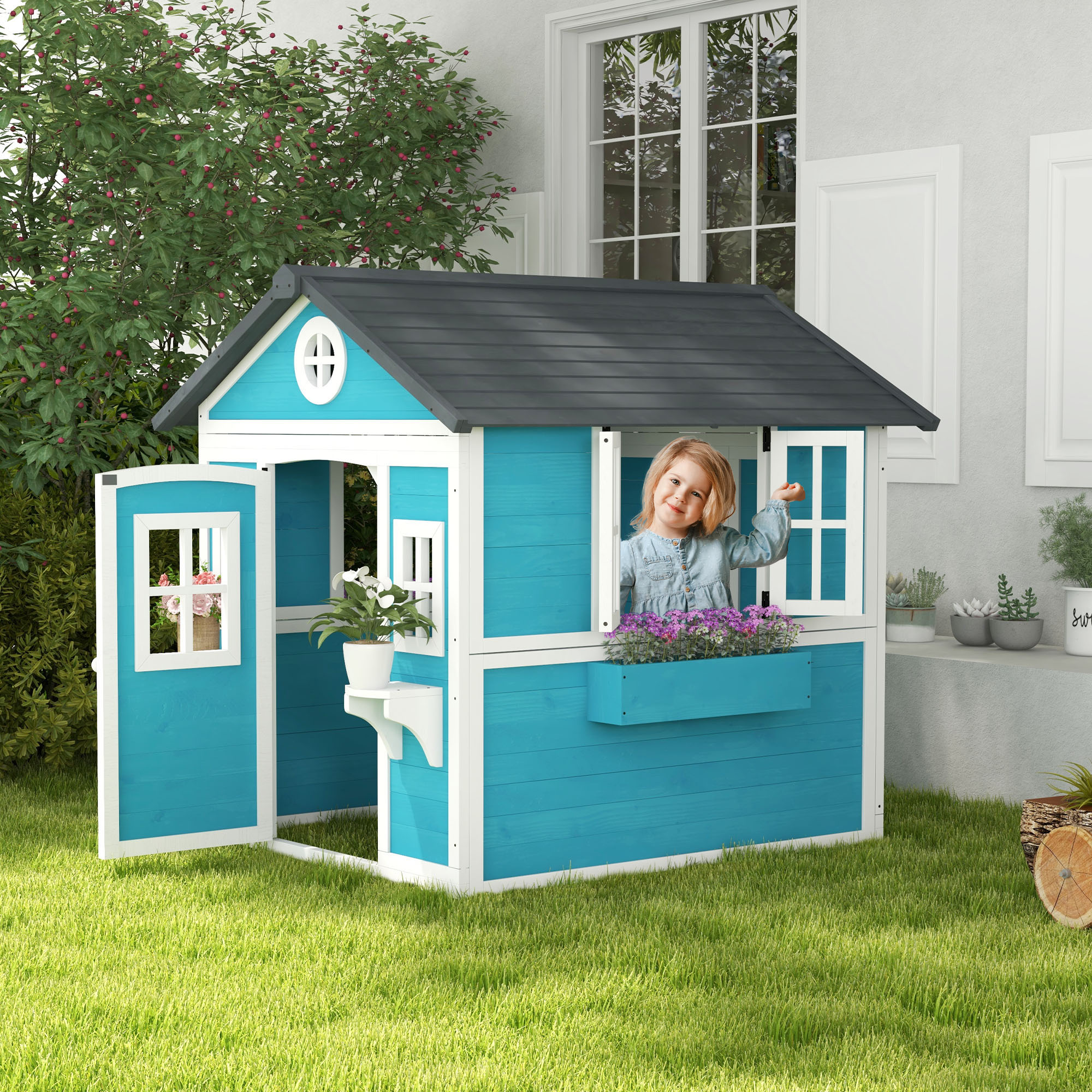 Outsunny Kinderspeelhuis, Houten Speelhuis voor Kinderen, Buitentuin Speelhuis met Ramen, Bloempotten, 3-8 Jaar, Blauw