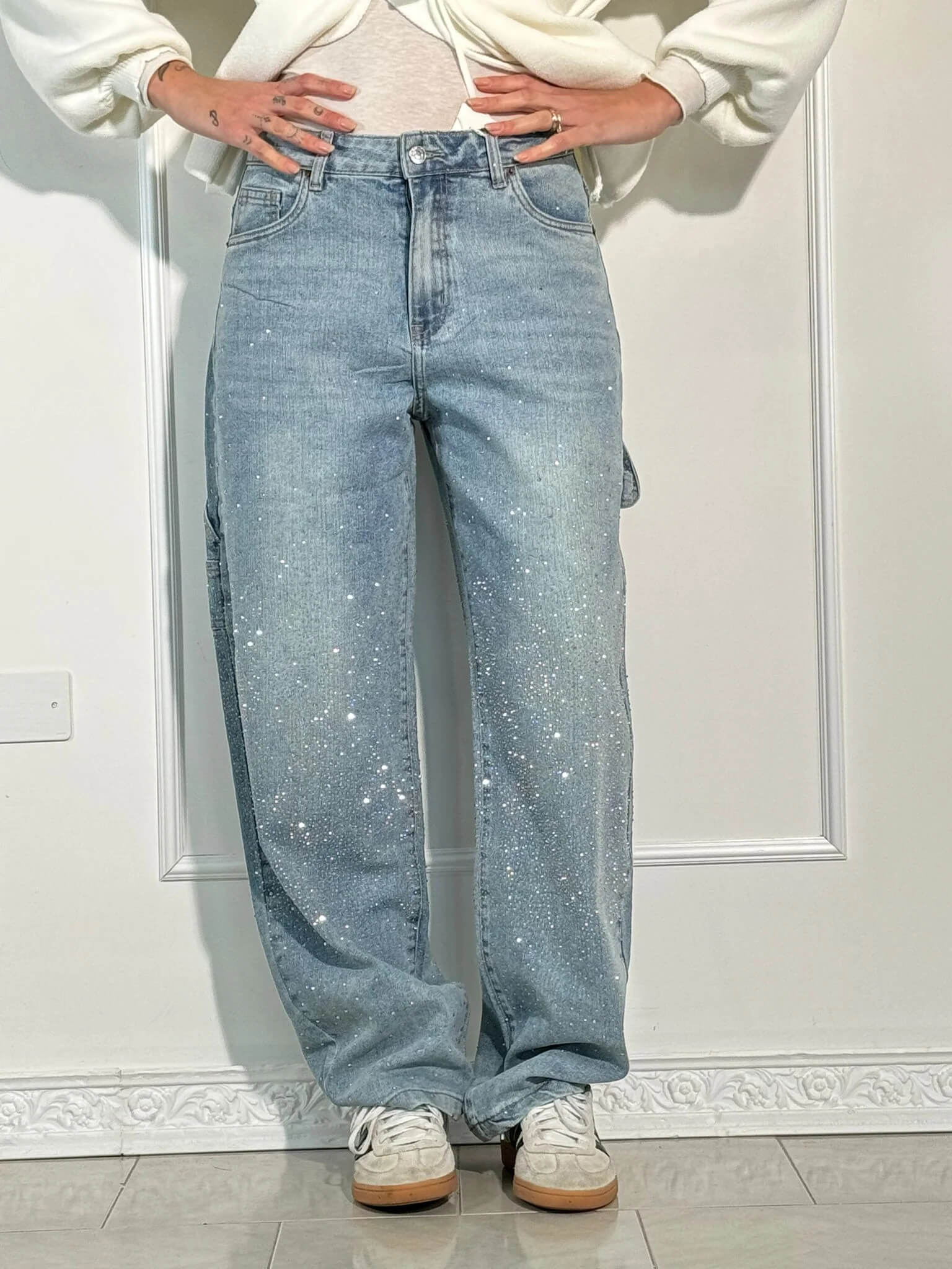 Damen Baggy Jeans mit Glitzer-Applikationen | Weite Wide Leg Denim Hose im Balloon-Schnitt | Bequeme Damenjeans aus Baumwolle
