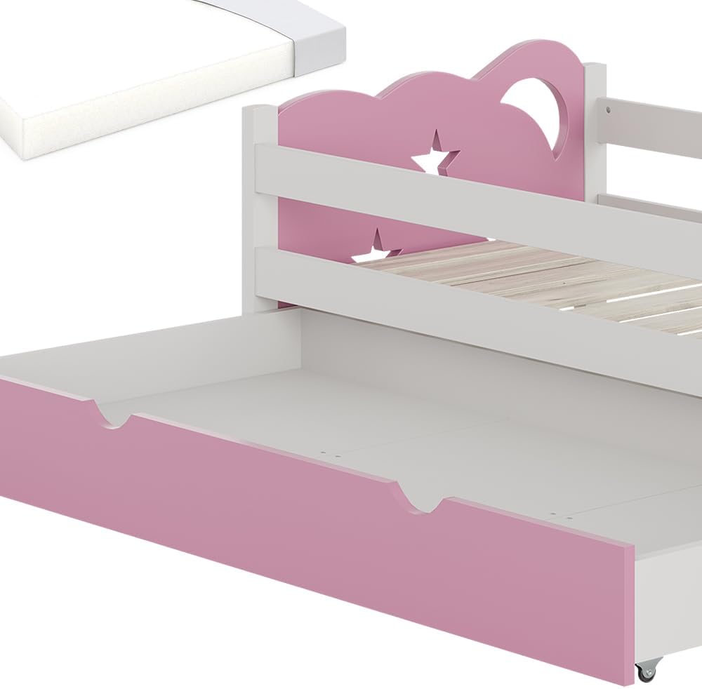 Kinderbett 80x160 cm Jessica mit Schublade und Matratze - Rosa/Weiß 166x53x86 cm aus Bambus - Bettschublade perfekt für Kinder, Geborgenheit für eine Nacht voller schöner Träume