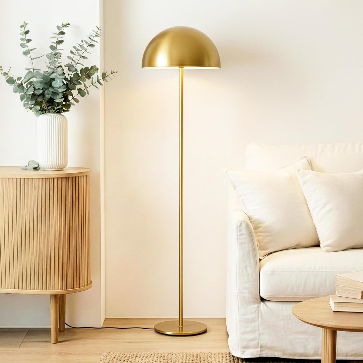Brightech ONO Mushroom Floor Lamp - Modern LED Standing Lamp for Living Room, Bedroom - Color Changing LED Bulb, Metal Dome Lamp Shade - Contemporary Metallic Sculptural Design - Brass