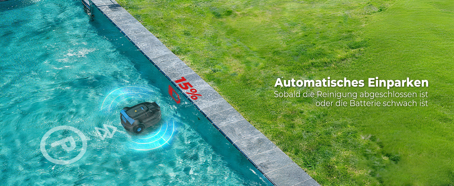Der Text lautet „Automatisches Einparken“. Luftaufnahmen von Gras- und Wasserflächen, die eine Demonstration eines automatischen Park- oder Ortungssystems zeigen.