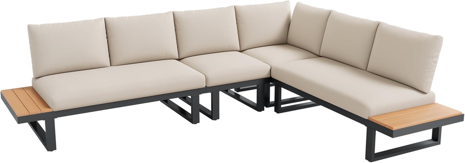 Gartenmöbel-Set, Eckstellung, mit Verstellbarer Neigungsfunktion (5-stufig, bis 55°), verzinktes Stahlrohr, Tischplatte aus Kunststoffholz, mit Zwei Couchtischen, Beige + grau