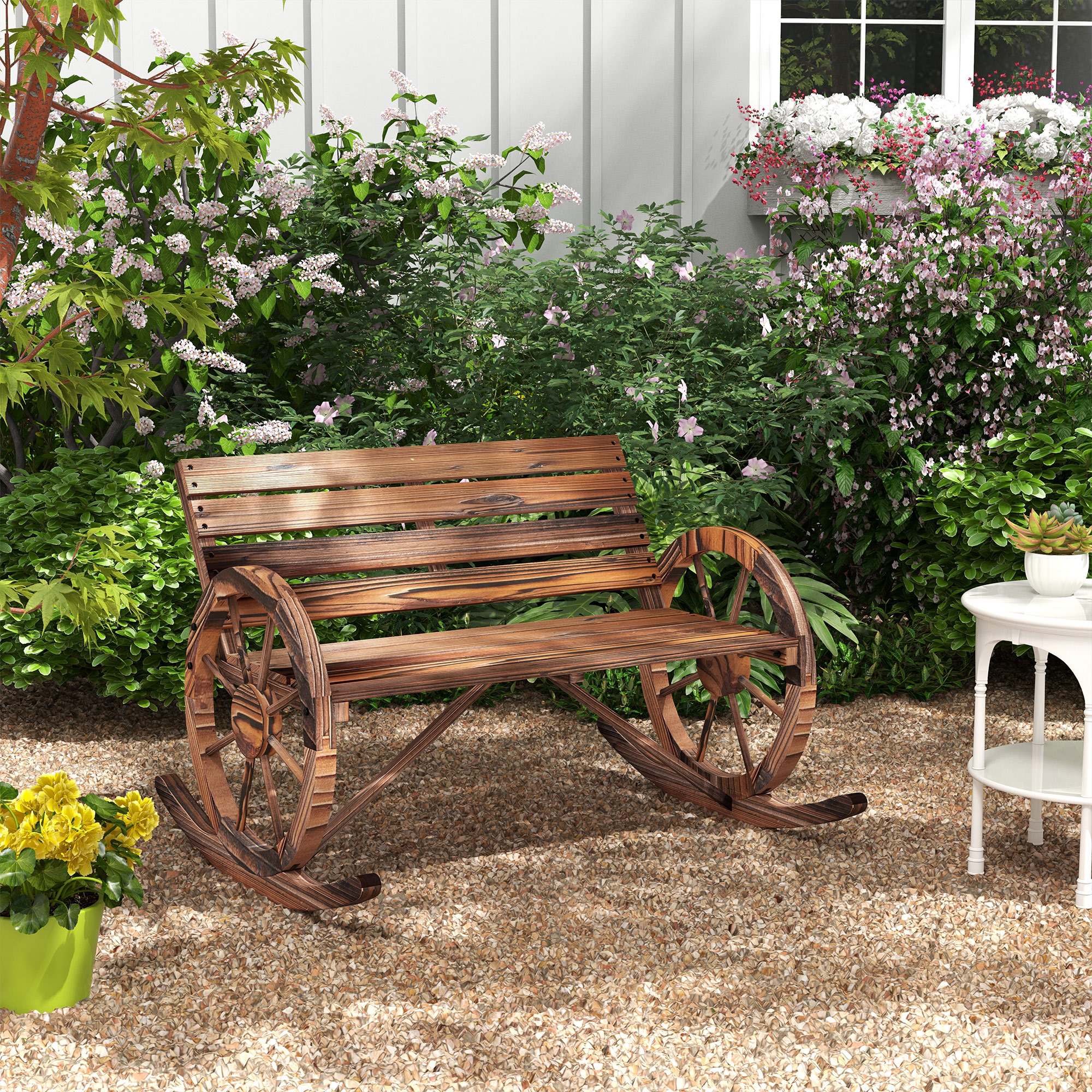 Tuin Schommelbank, 2-Persoons Schommel, met Wielvormige Armleuningen, voor Balkon, Tuin, Terras, Ge?mpregneerd Hout