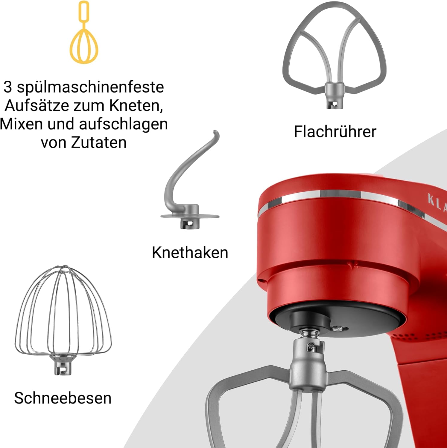 KLAMER Küchenmaschine 1800W, Knetmaschine Brotteig mit Edelstahl-Rührschüssel 6 L, 10 Stufen mit Timer, Planetenrührwerk, Rührbesen, Knethaken, Schneebesen & Sichtdeckel (schwarz)