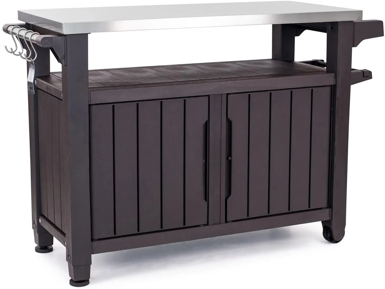 2025 Carro móvil de patio Keter Unity XL – Mesa de cocina exterior resistente a la intemperie con superficie de trabajo de acero inoxidable, espacio de almacenamiento con cerradura y accesorios