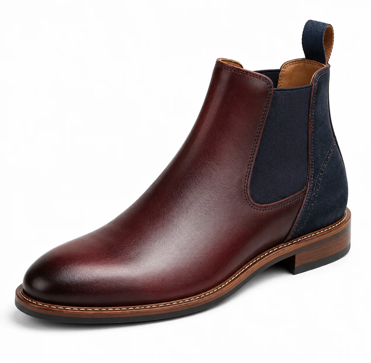 Men��s Burgundy & Navy Chelsea Boots �C Two-Tone Burnished Design