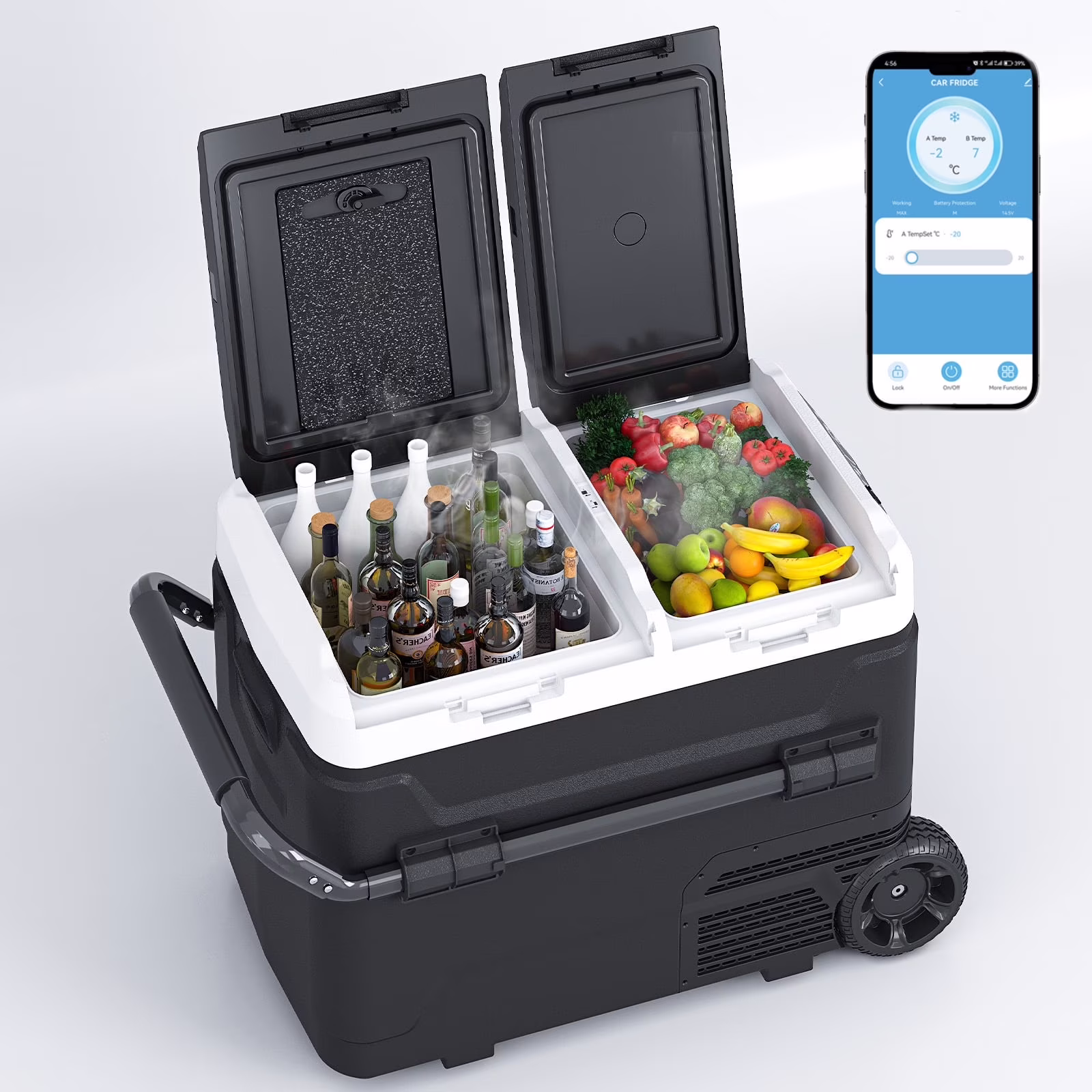 DISHUP 12V Portable Car Refrigerator, 53QT(50L) Electric Cooler with Dual Zone,DC & AC,Ideal for RV, Camping, Travel, Truck