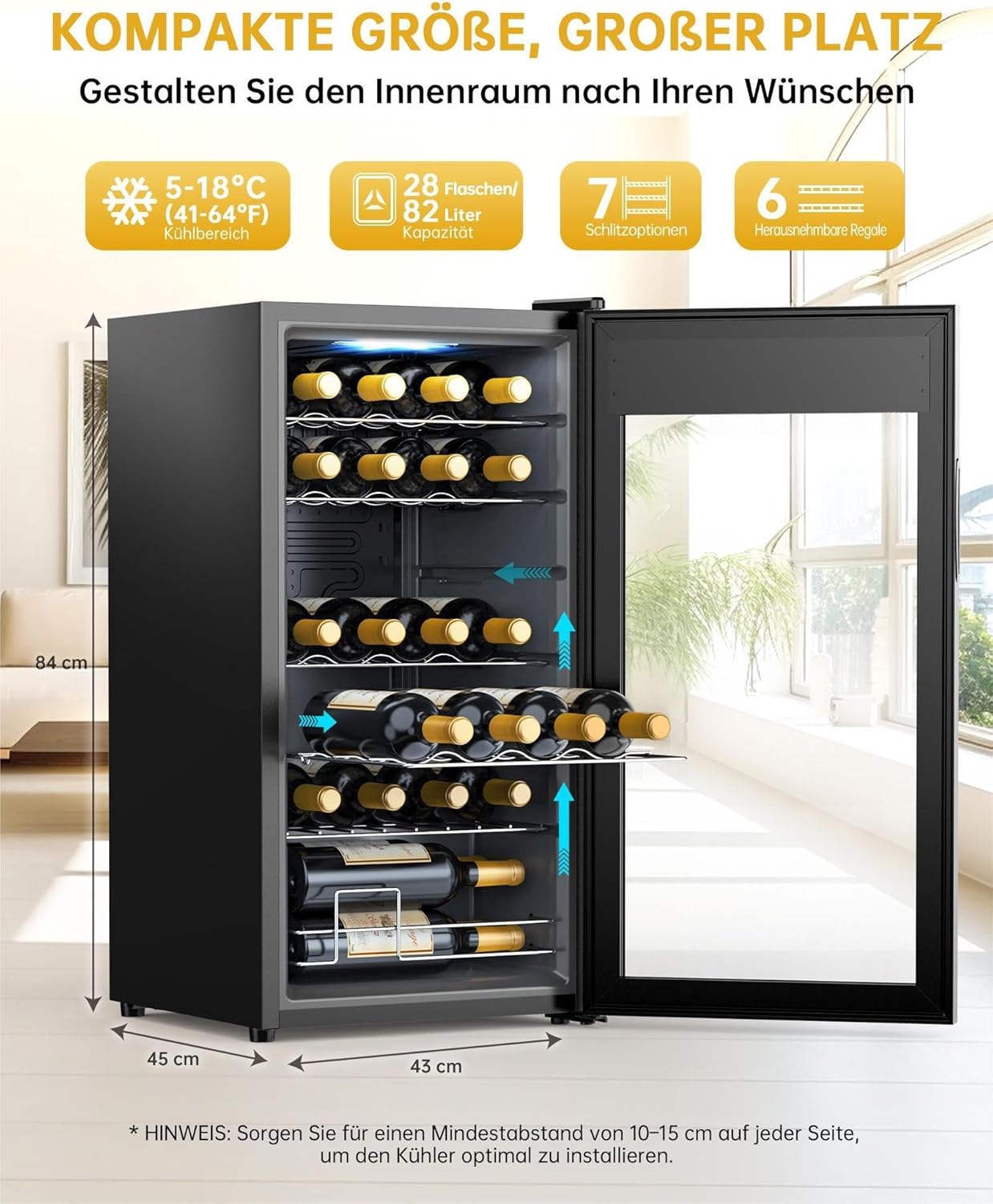 WIE Weinkühlschrank Compressor 82 Liter 28 Flaschen Getränkekühlschrank Kleiner Weinschrank Klein mit Glastür,Vollglas-Designtür mit LED Touchpanel,Anti-UV, Wine Fridge 5-18°C