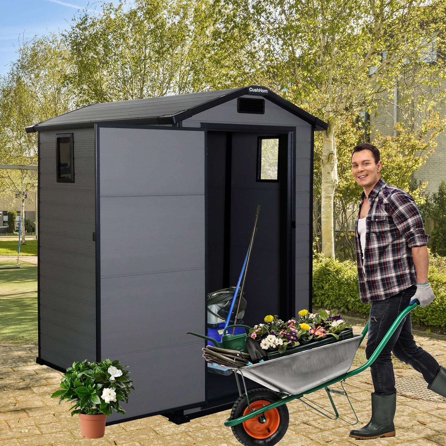CCLIFE Gartenhaus Gerätehaus Geräteschuppen 3.2m³, Gartenhütte Kunststoff Wetterfest Gerätehäuser 115x163x195cm, Grau, CushHom