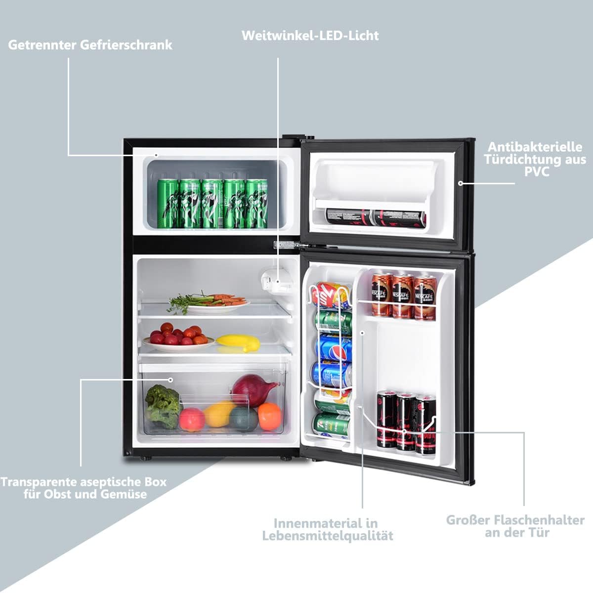 RELAX4LIFE Minikühlschrank 90L, Kühlschrank mit 27L Gefrierfach, Gefrierschrank mit Temperaturregelung, Kühl-Gefrier-Kombination mit Türablage & Höhenverstellbaren Füßen (Black)