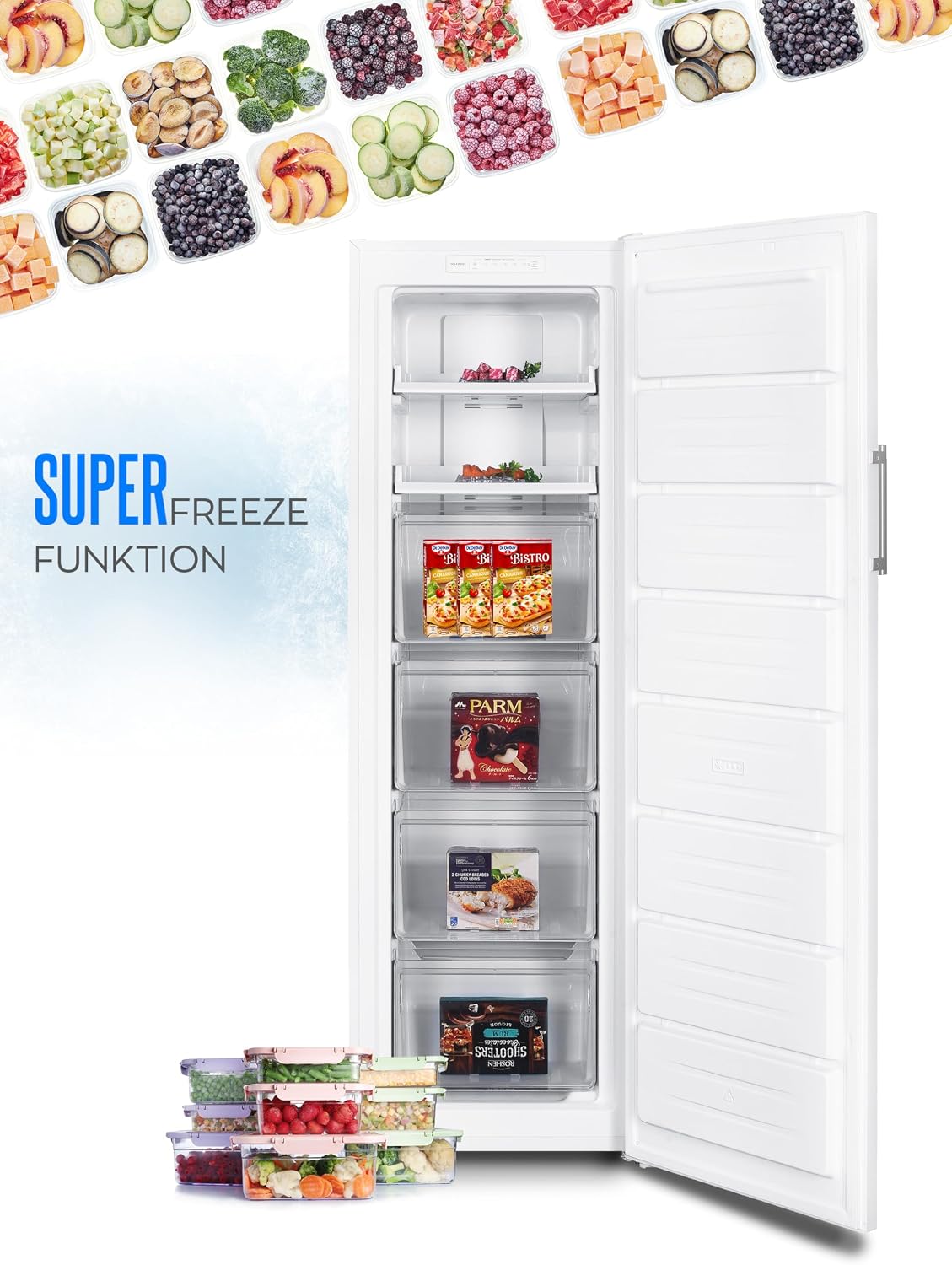 Heinrich´s Gefrierschrank 204L Temperatur: -14°C~-22°C, Volumen, Freezer, No-Frost Schutz, 4x Gefrierschubladen, 2x Schubfächer, LED-Display, wechselbarer Türanschlag, Alarmfunktion (weiß)