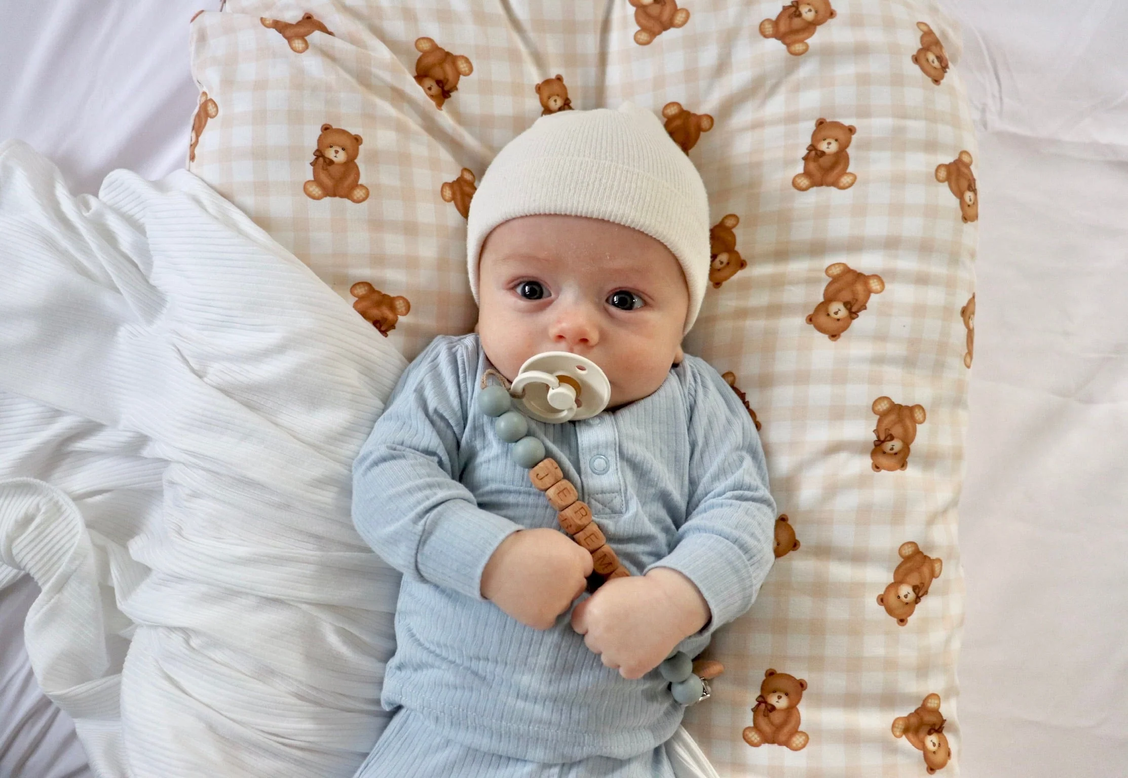 Beige Teddy Bear Gingham Ruffle Baby Lounger Cover