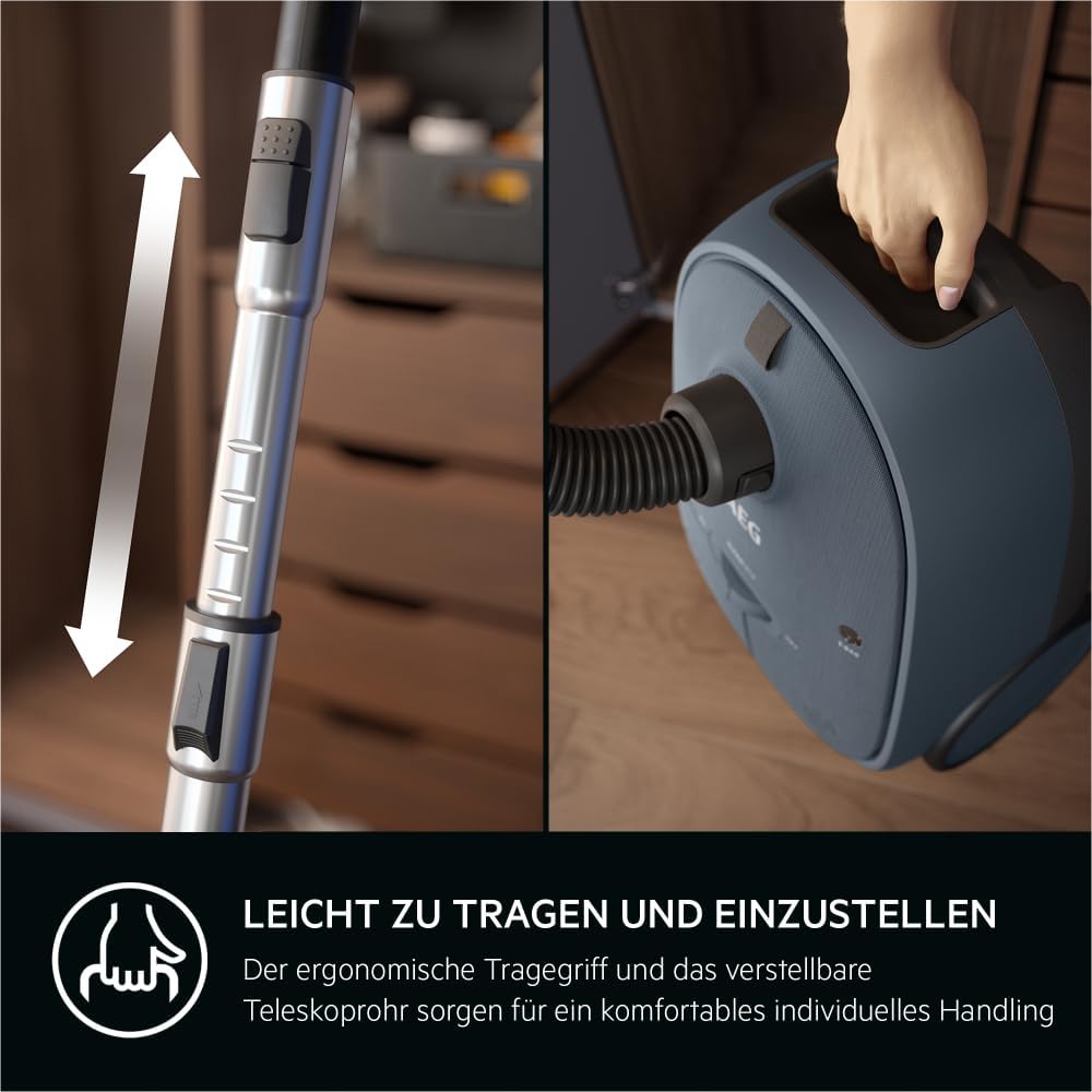 AEG CLEAN 6000 AB61C2DB Staubsauger mit Beutel / hohe Saugleistung / inkl. Polsterdüse / 50 % Recyclingkunststoff / ideal für Haustierbesitzer / Reinigen von Polstern / 12 m Kabel / 750 W / Blau