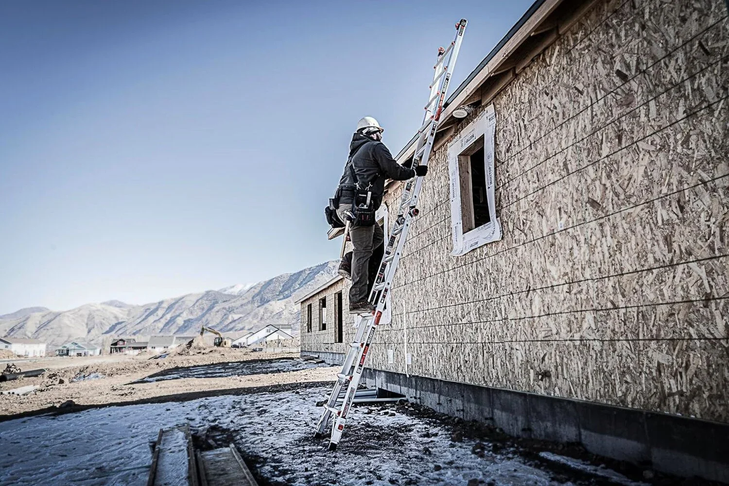 17-foot foldable multi-position ladder, made of aluminum, with a load capacity of 300 pounds, 1A type super heavy-duty, 18-foot extension length, equipped with a ratchet leveling device and wheels