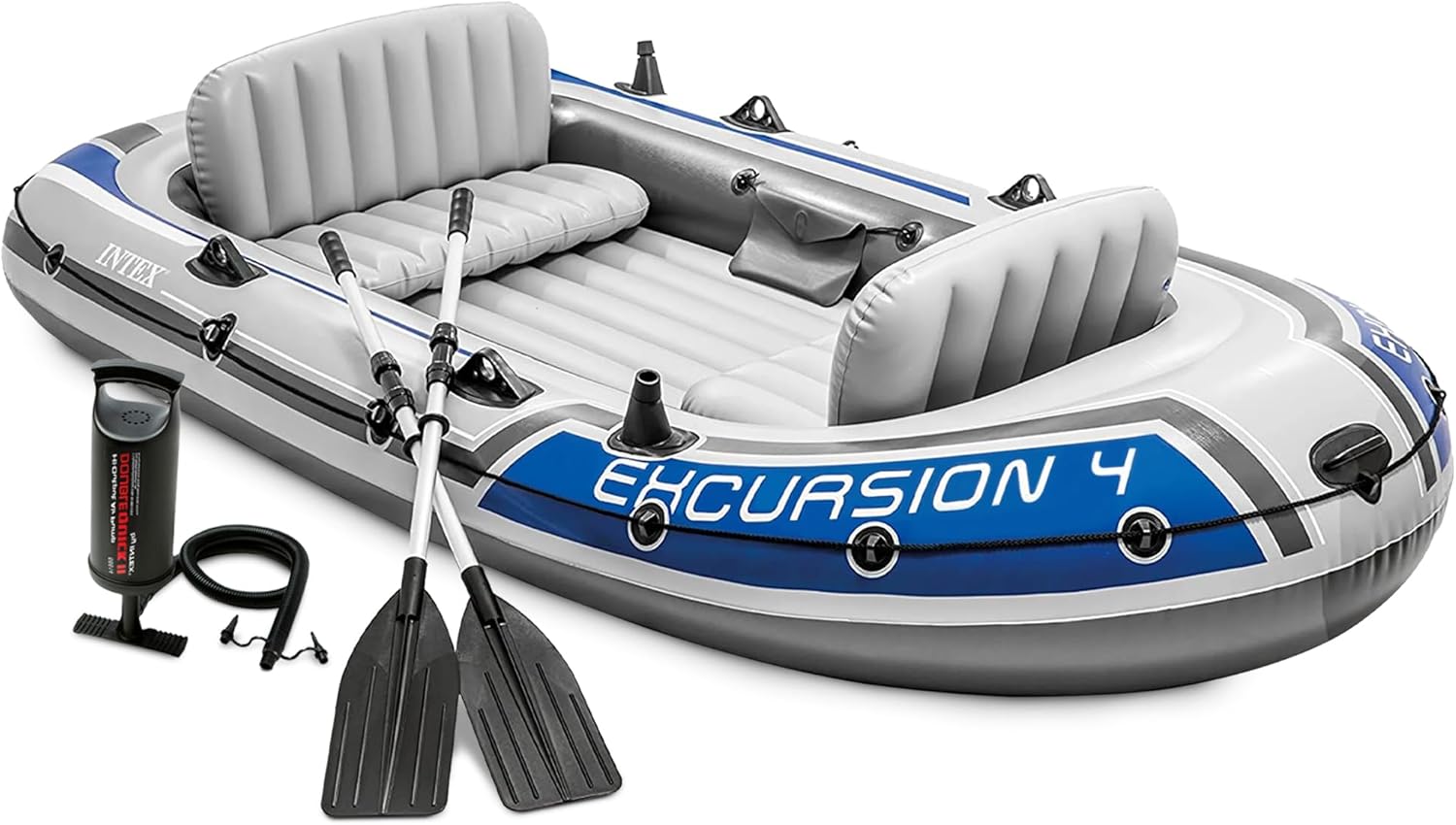 Excursion Inflatable Boat Series: Includes Deluxe 54in Boat Oars and High-Output Pump – SuperTough PVC – Adjustable Seats with Backrest – Fishing Rod Holders – Welded Oar Locks