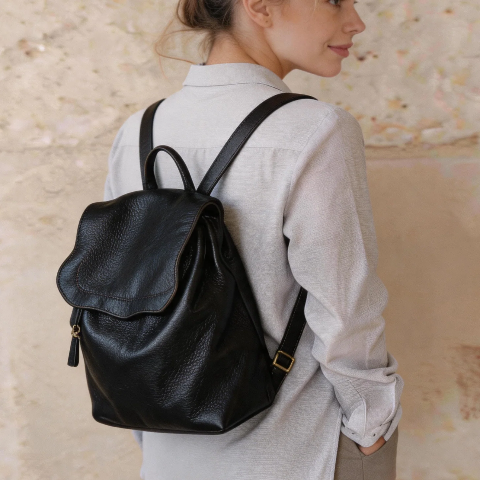 Black Handmade Top Grain Leather Laptop Backpack School Bag