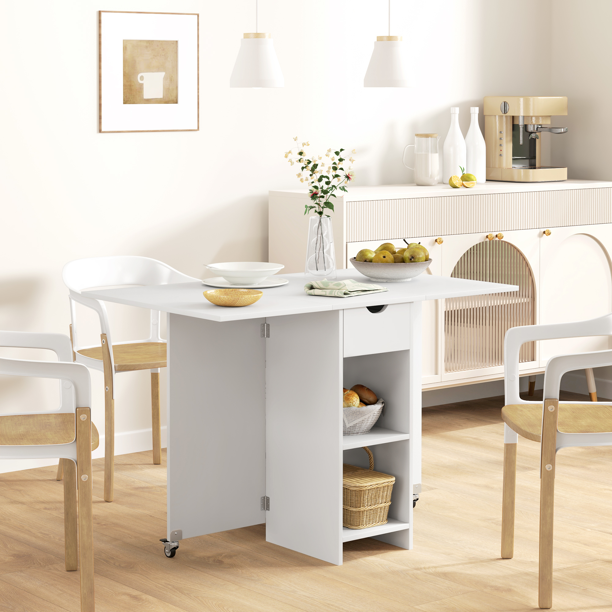 Inklapbare Eettafel voor 2-4 Personen, Opvouwbare Keukentafel met Opbergruimte, Uitschuifbare Tafel op Wielen, Wit