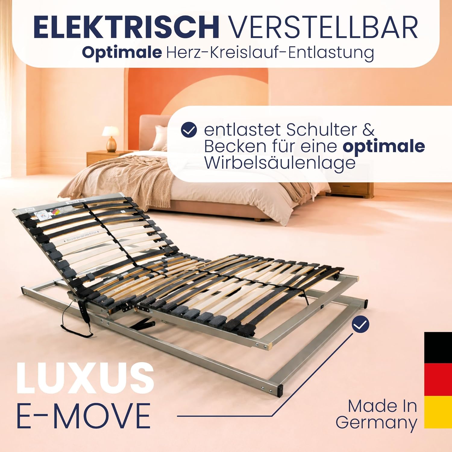 BeCo Lattenrost, Luxus E-Move, elektrischer Lattenrost, 100 x 200 cm, 28 Federholzleisten, komplett montiert, Kopf-und Fußteil verstellbar, TÜV geprüft, Made in Germany