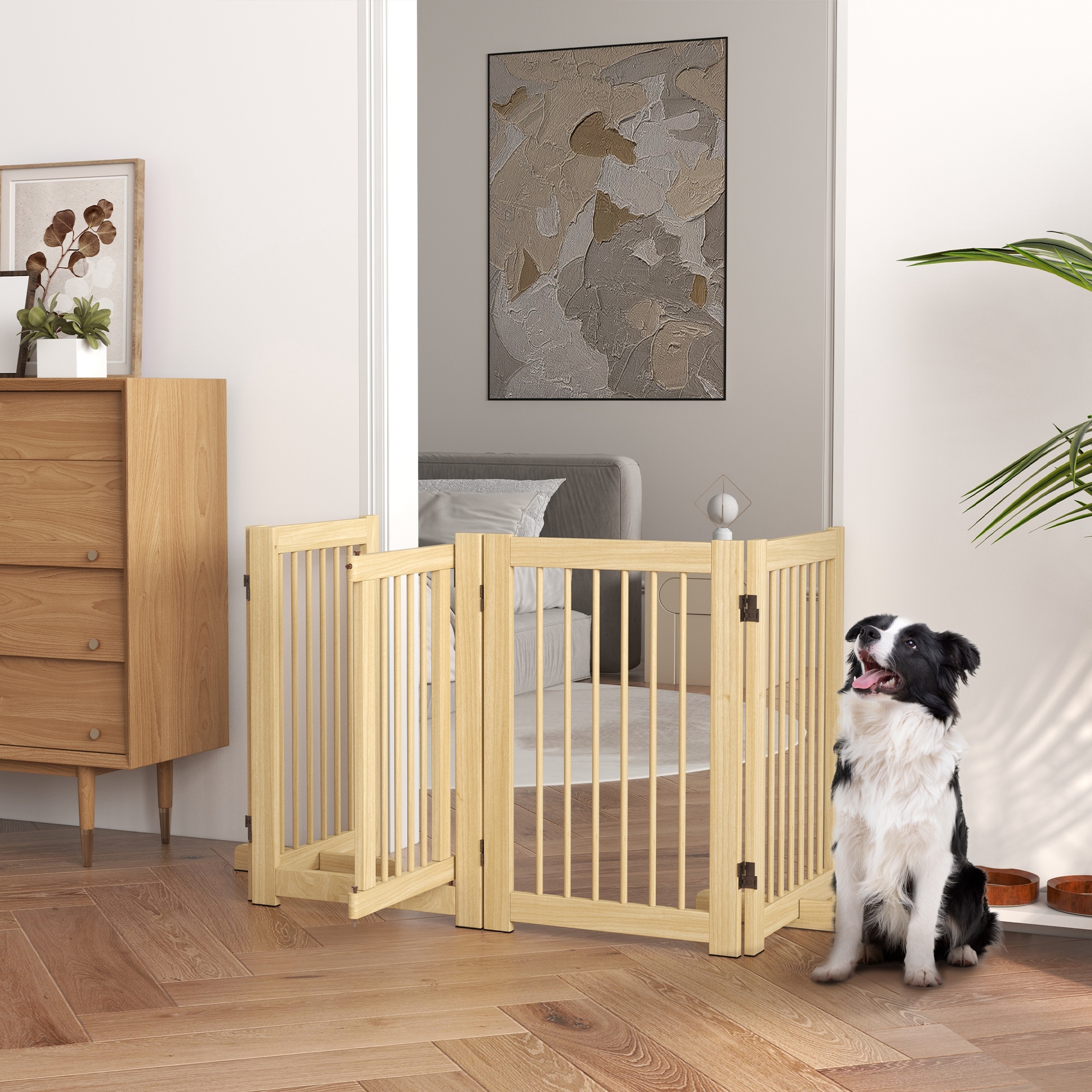 Vrijstaand hondenhek, 4 panelen, flexibel, grenenhout, 204L x 36B x 75H cm, natuurlijk hout