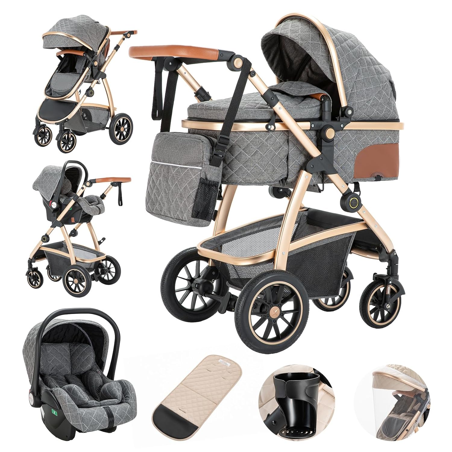 Gcarebb 3 in 1 Kinderwagen, Buggy Mit Auto Babyschale, Mit Höhenverstellbarer Kinderwagen Komplettset, KombiKinderwagen Mit Aluminiumrahmen für Neugeborene 0-4 Jahre