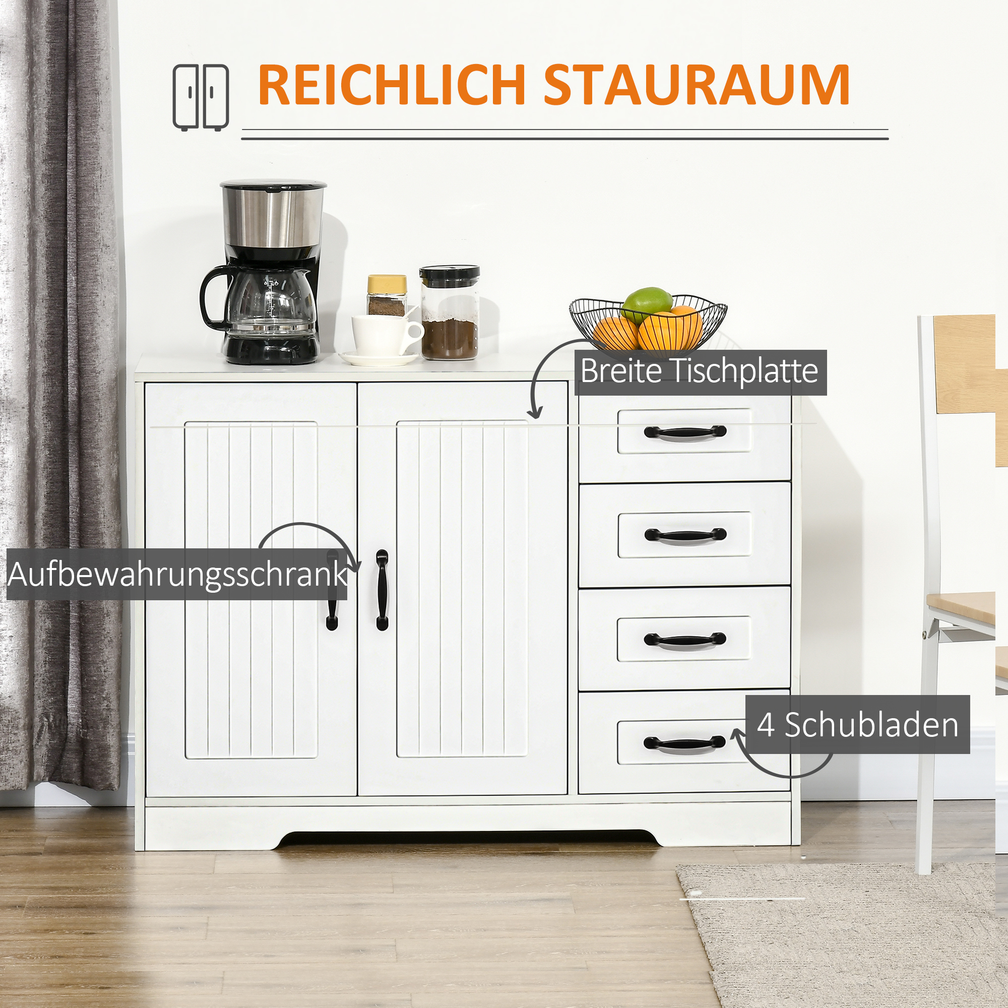 Sideboard Dressoir, Modern Stijl, 4 Lades, 1 Kast, 105 cm x 40 cm x 76 cm, Wit