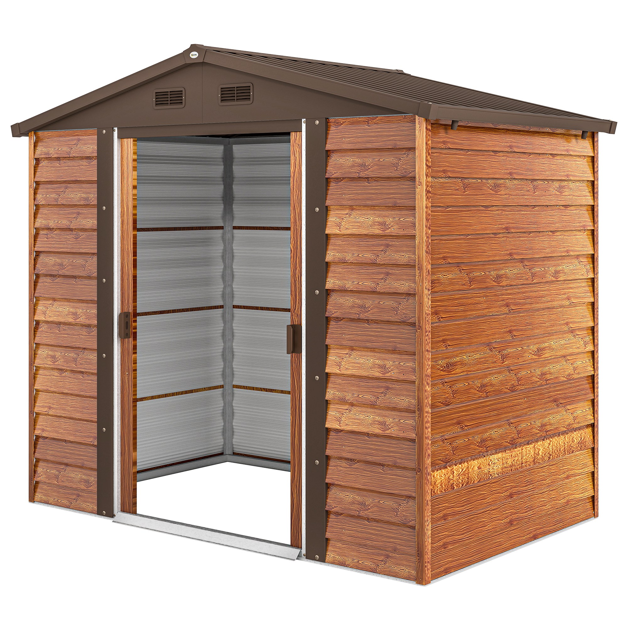 Outsunny Tuinschuur, gereedschapsschuur, tuinhuis met ramen, weerbestendig, houtlook, staal, 152 x 235,7 x 208,7 cm, Bruin