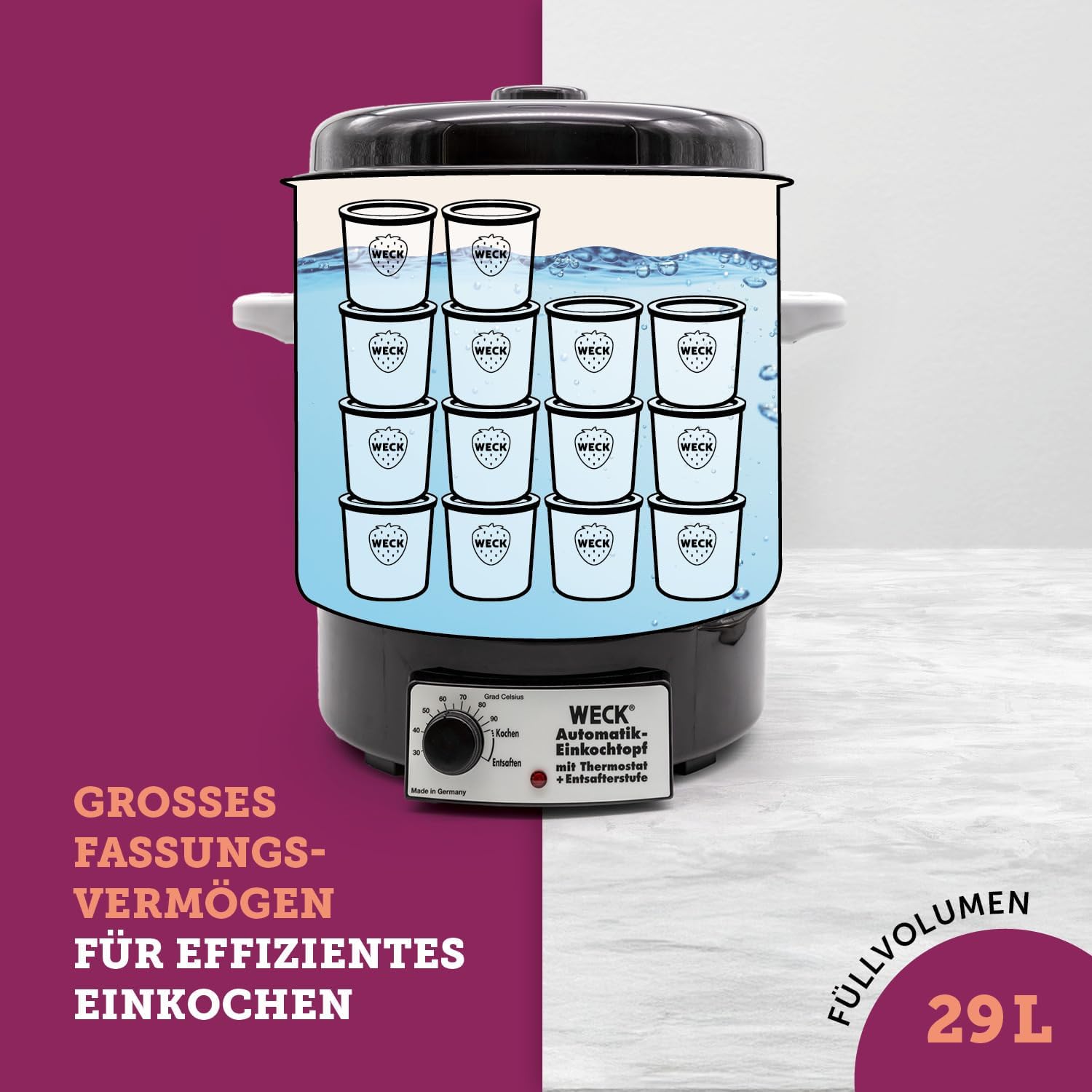 WECK Einkochautomat WAT14 (Finale Serie) Emaille mit Präzisionsthermostat – 29L Einkochtopf, Glühweinkocher, Dampfentsafter, Einweckautomat – Made in Germany, hochwertig & vielseitig