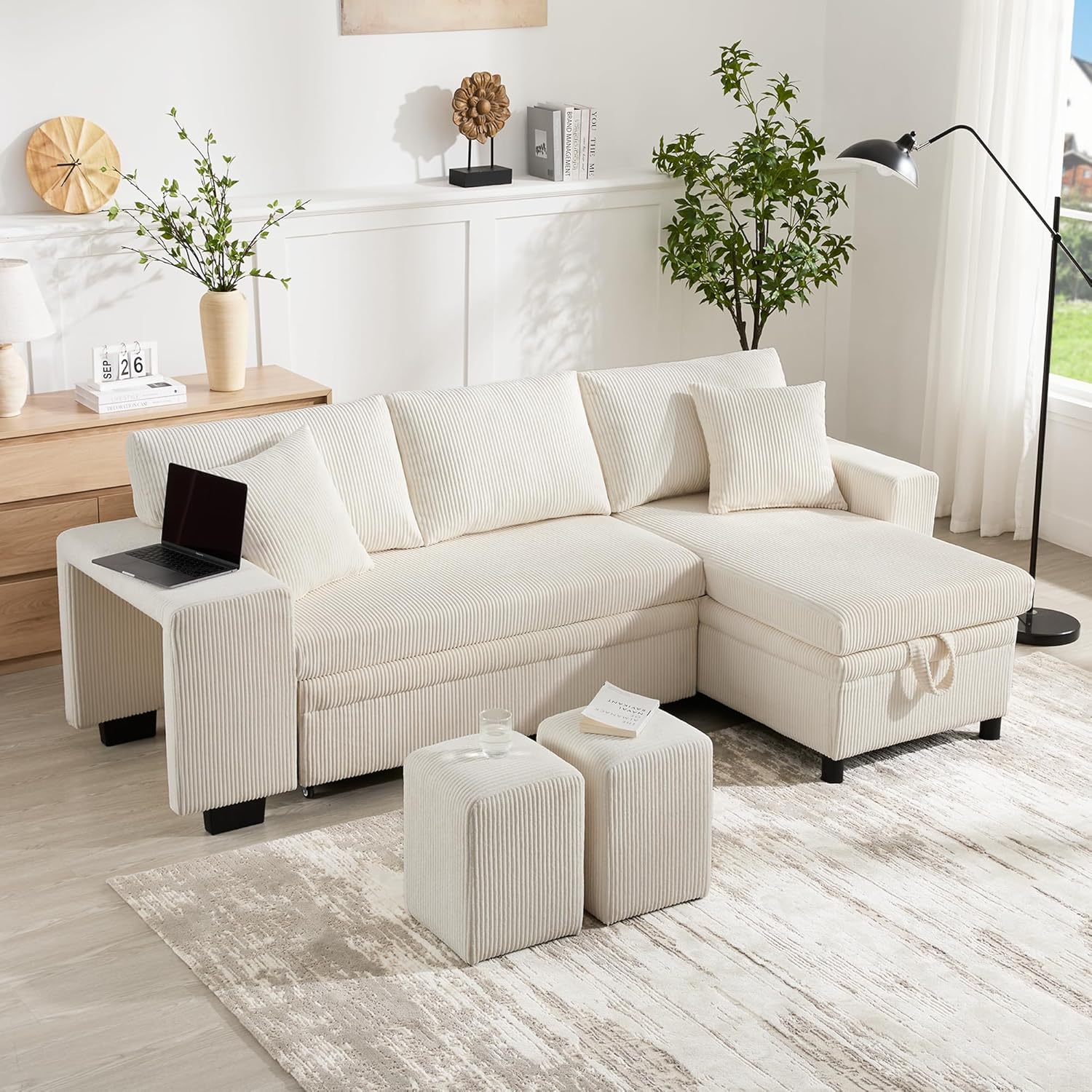 Klappsofa mit Schlaffunktion, L-förmiges umbaubares Ecksofa mit USB-Ladeanschluss und Kissen, 3-Sitzer-Umbausofa mit Seitenablagen und Stauraum