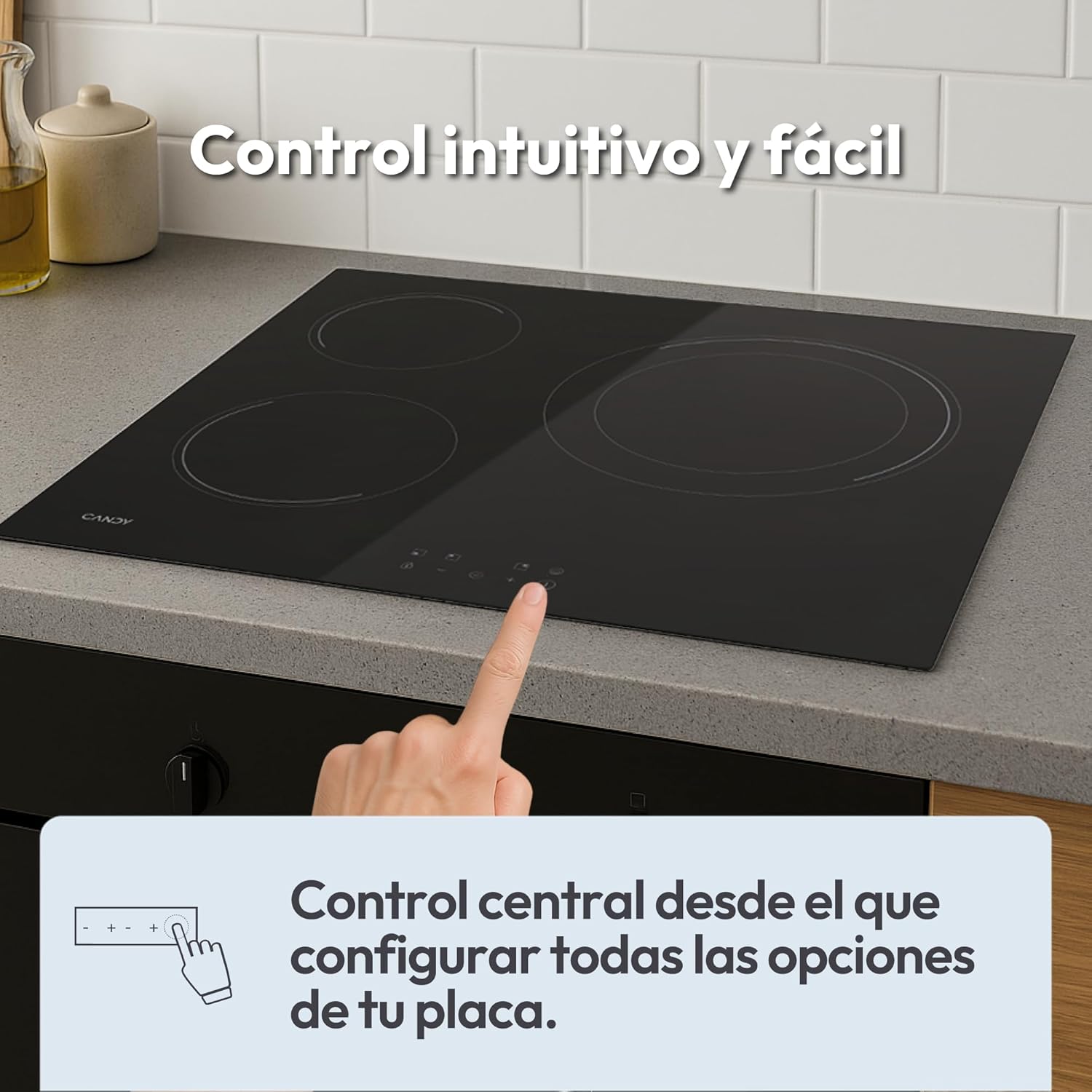 Candy CH63DCC Hob Ceramic Hob 60 cm, 3 Cooking Zones, Double 30 cm Paella Pan, Touch Control, 9 Power Levels, Safety System, Black