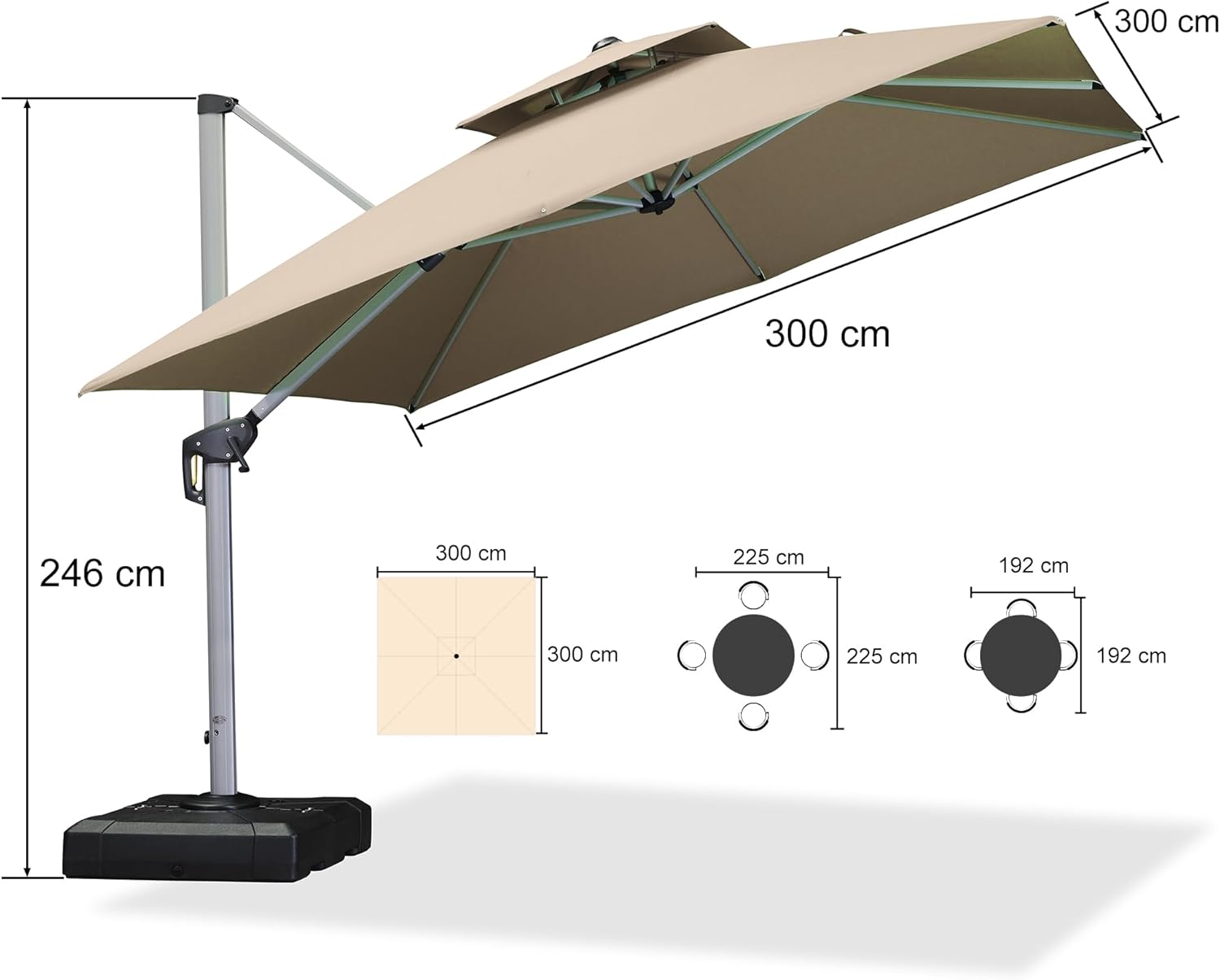 PURPLE LEAF Sonnenschirm 300 x 300 cm mit Schirmständer Ampelschirm Groß 360°Rotation Gartenschirm mit Kurbel, Marktschirm XXL Sonnenschutz UV50+, Beige