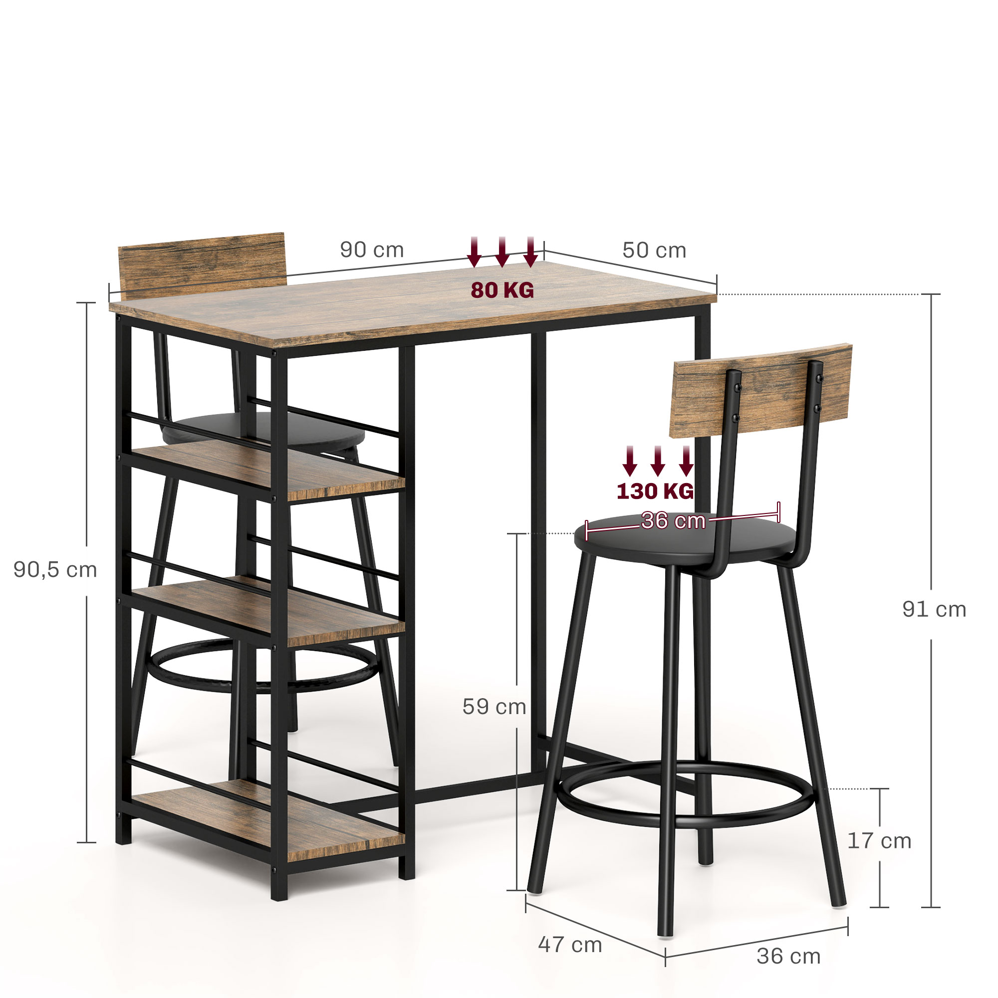 3-delige Eetset met Bartafel en 2 Stoelen, Klein Keukenset met Zijplanken, MDF, Metaal, Zwart