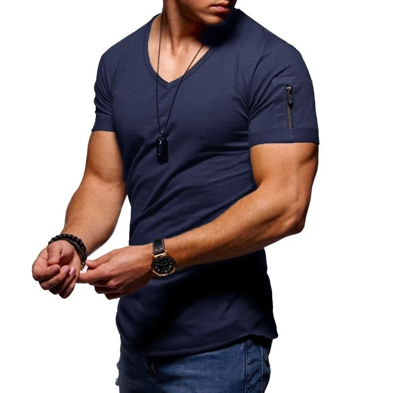 Herren V-Ausschnitt T-Shirt im Muscle Fit | Atmungsaktives Sportshirt mit Seiten-Rei?verschluss f��r Fitness und den Alltag