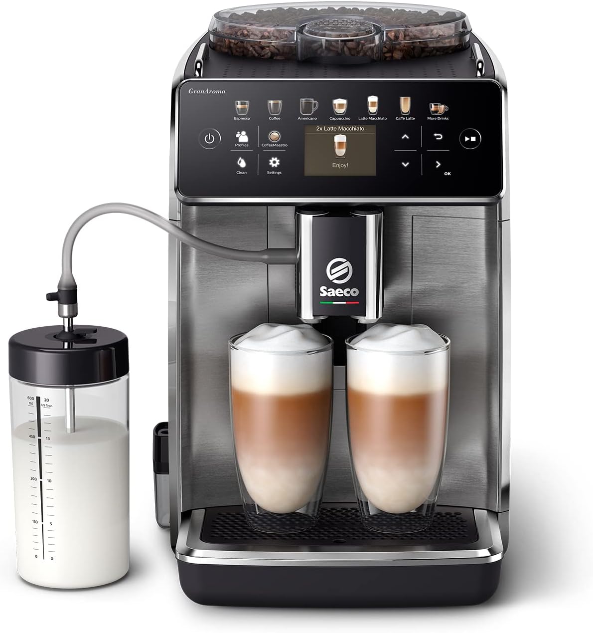 Saeco GranAroma Kaffeevollautomat mit 14 Kaffeespezialitäten, intuitives Farbdisplay, 4 Benutzerprofile, Keramikmahlwerk, Edelstahl-Schwarz (SM6585/00)