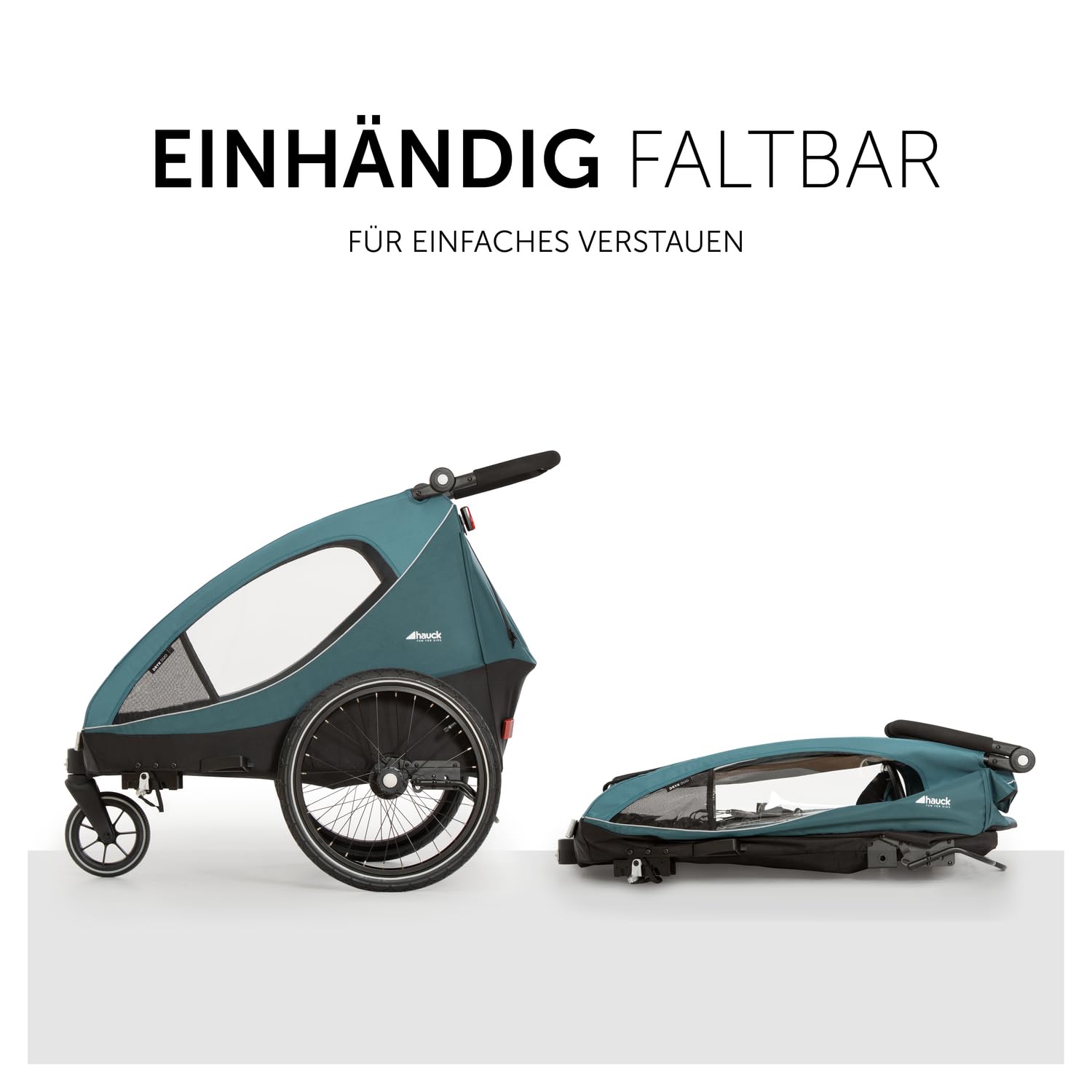 hauck Fahrradanhänger & Kinderwagen Dryk Duo Plus mit Federung, für 2 Kinder (6-48 Monate), inkl. Deichsel, Buggyrad, Fahne und LED Licht, Faltbar, Höhenverstellbar, XL Kofferaum (Dark Green)